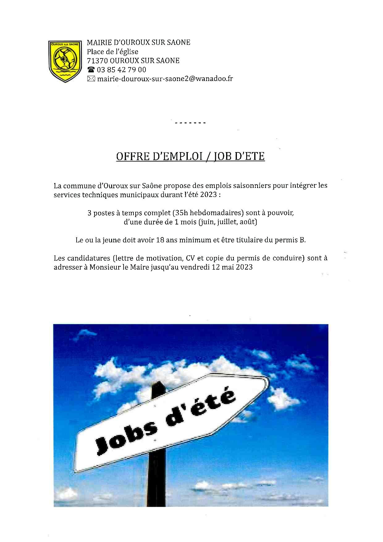 job d'été mairie ouroux sur saone